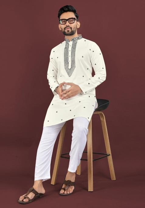 White Viscose Silk Embroidery Sequins Work Kurta Pyjama For Men