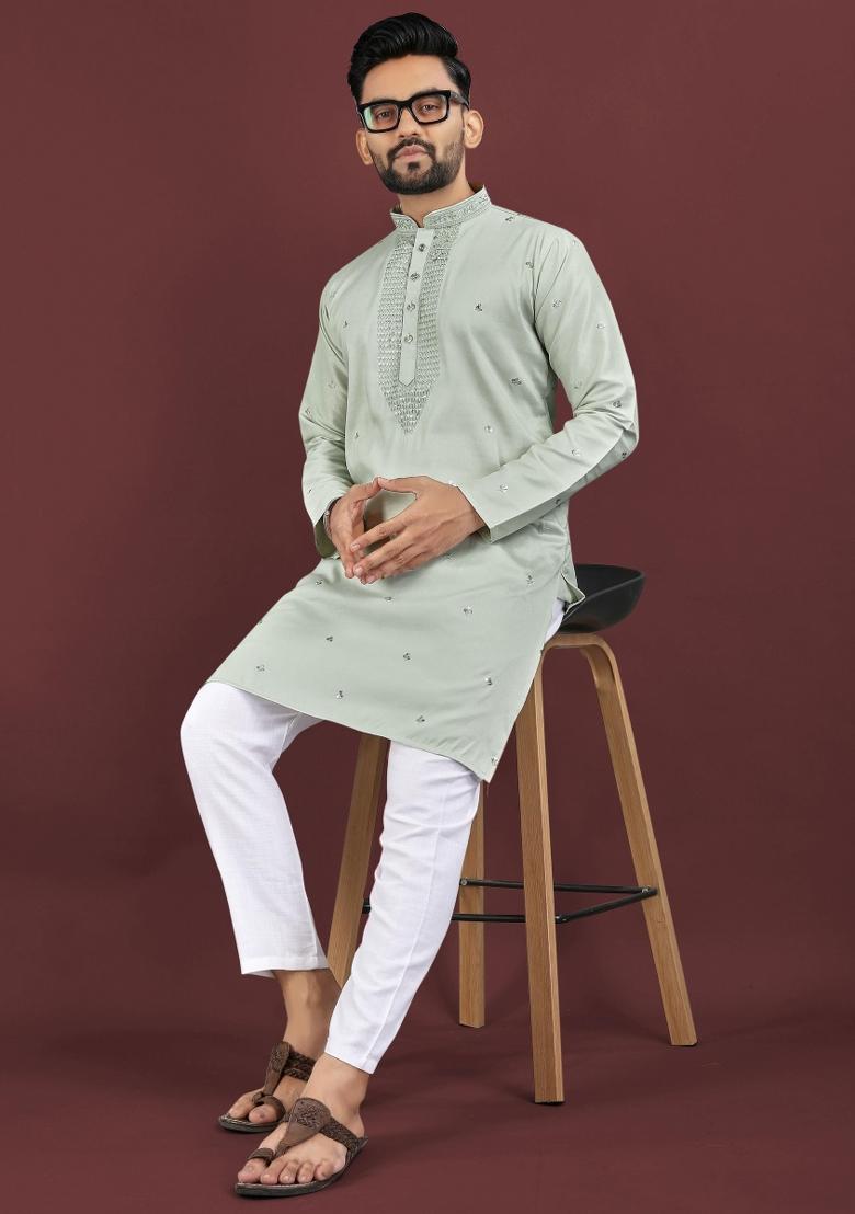 Grey Viscose Silk Embroidery Sequins Work Kurta Pyjama For Men