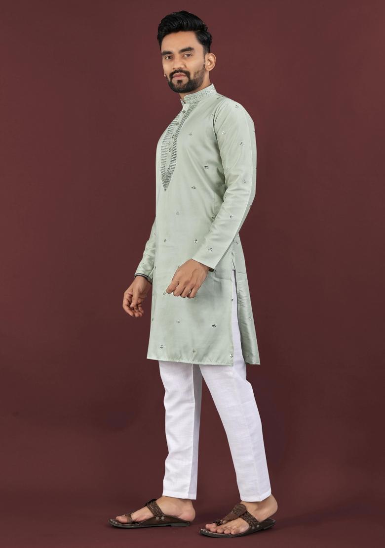 Grey Viscose Silk Embroidery Sequins Work Kurta Pyjama For Men - Indya