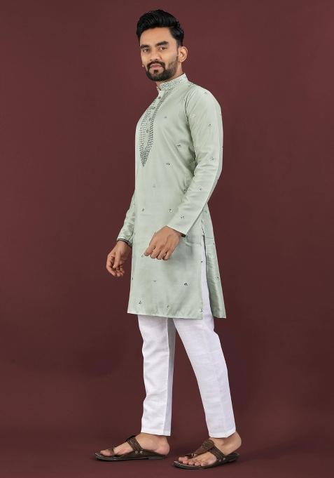 Grey Viscose Silk Embroidery Sequins Work Kurta Pyjama For Men