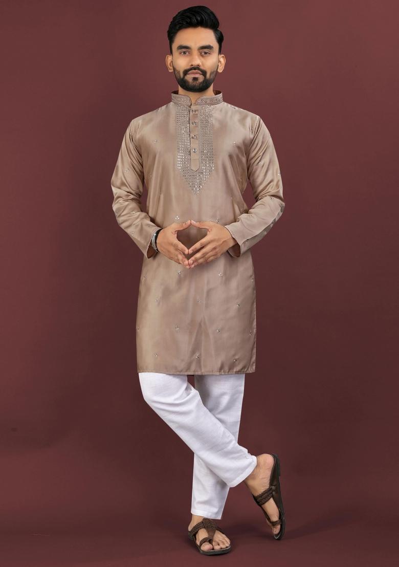 Brown Viscose Silk Embroidery Sequins Work Kurta Pyjama For Men