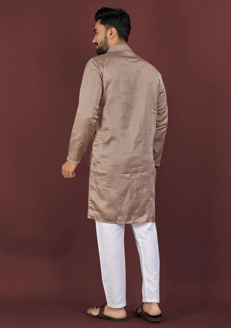 Brown Viscose Silk Embroidery Sequins Work Kurta Pyjama For Men