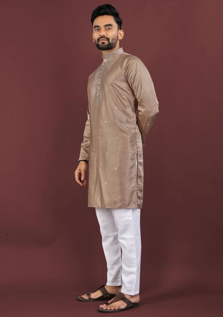 Brown Viscose Silk Embroidery Sequins Work Kurta Pyjama For Men