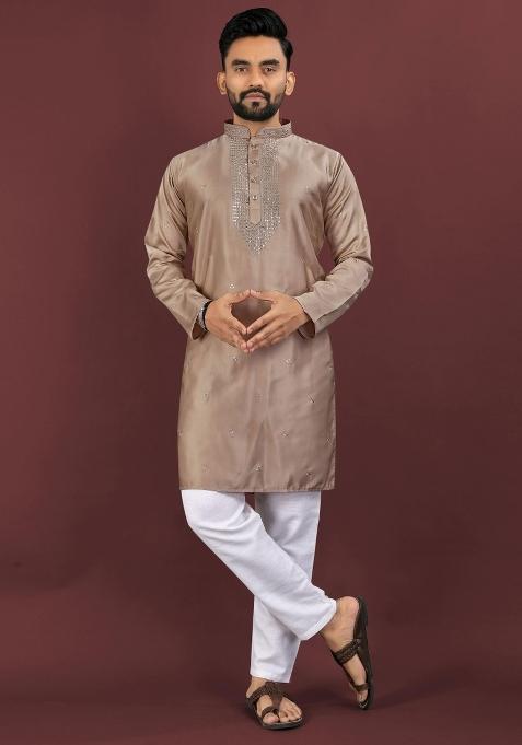 Brown Viscose Silk Embroidery Sequins Work Kurta Pyjama For Men