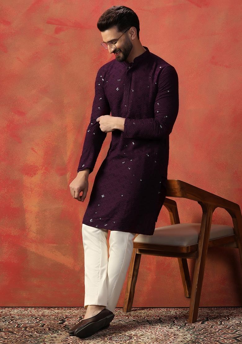 Purple Embroidered Cotton Blend Kurta Pajama Set For Men