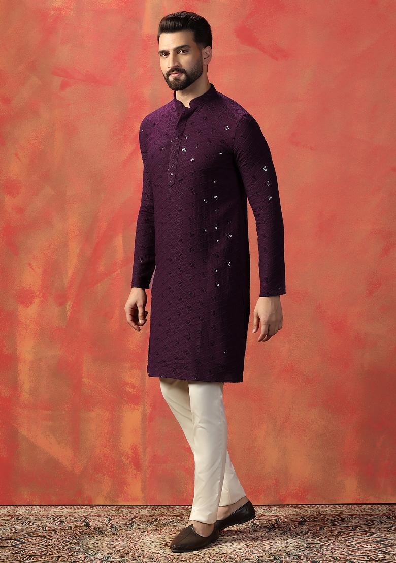 Purple Embroidered Cotton Blend Kurta Pajama Set For Men