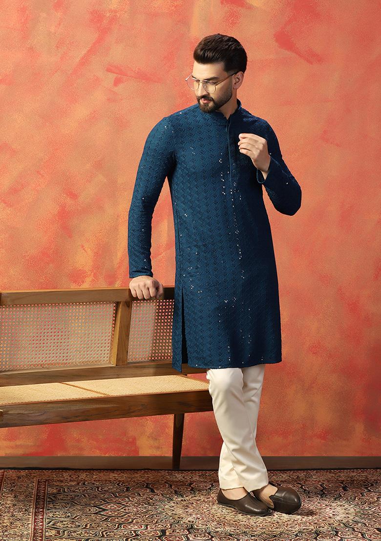Blue Embroidered Cotton Blend Kurta Pajama Set For Men