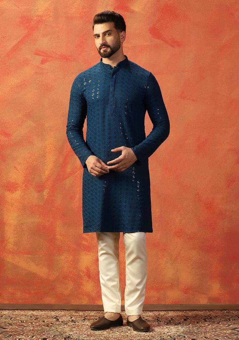 Blue Embroidered Cotton Blend Kurta Pajama Set For Men