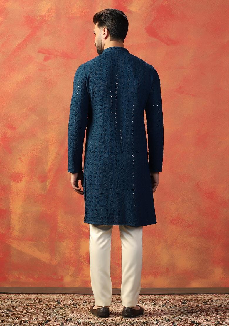Blue Embroidered Cotton Blend Kurta Pajama Set For Men