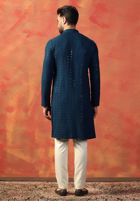 Blue Embroidered Cotton Blend Kurta Pajama Set For Men