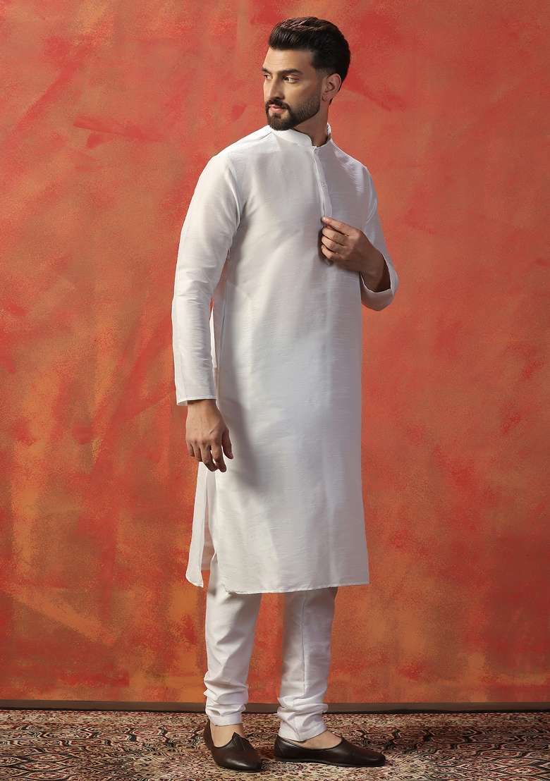 White Solid Slub Dupion Kurta For Men - Indya