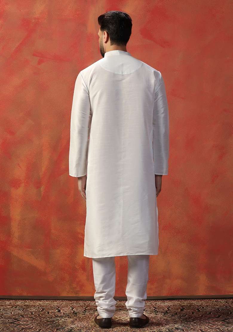 White Solid Slub Dupion Kurta For Men - Indya