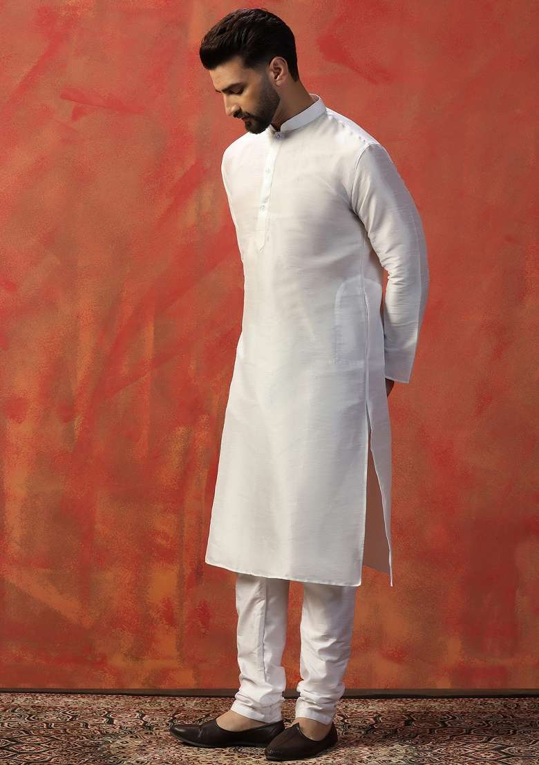 White Solid Slub Dupion Kurta For Men - Indya