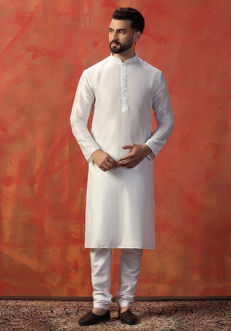 White Solid Slub Dupion Kurta For Men