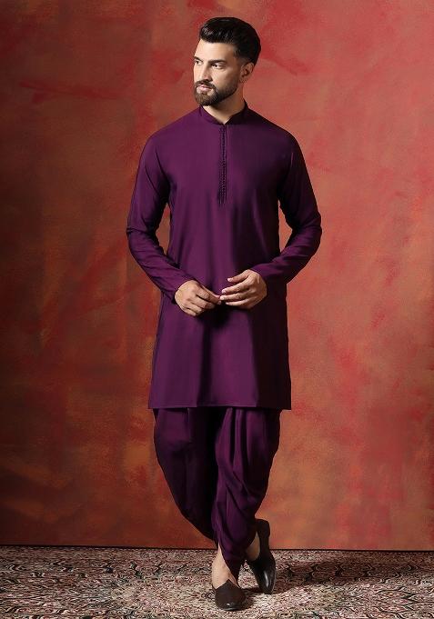 Purple Solid Cotton Blend Kurta For Men