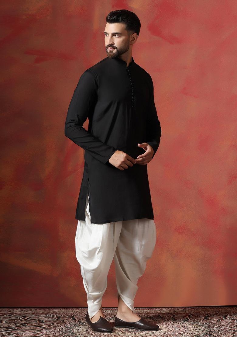 Black Solid Cotton Blend Kurta For Men