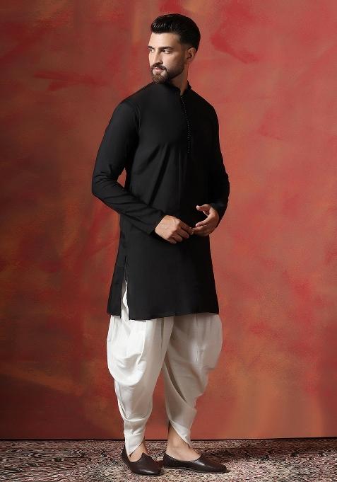 Black Solid Cotton Blend Kurta For Men