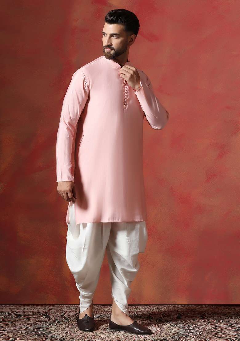 Peach Solid Cotton Blend Kurta For Men - Indya