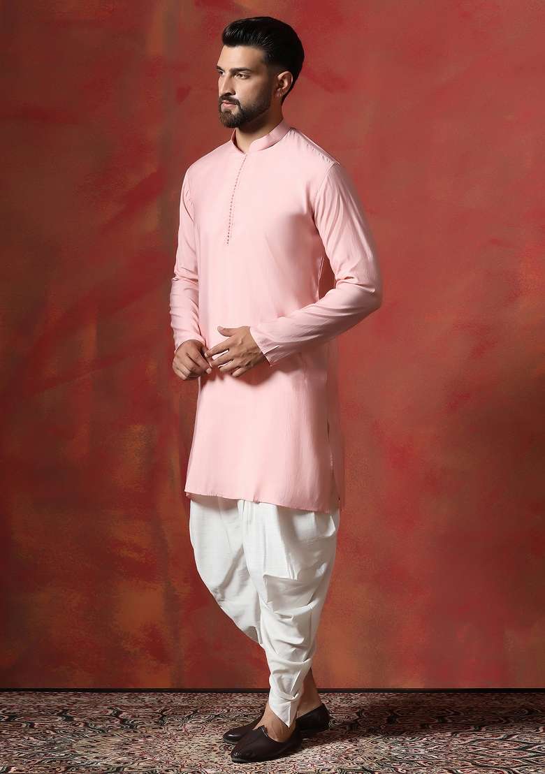Peach Solid Cotton Blend Kurta For Men - Indya