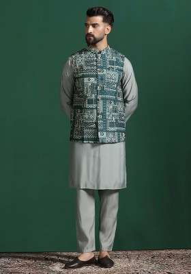 Green Ethnic Motifis Cotton Blend Nehru Jacket For Men