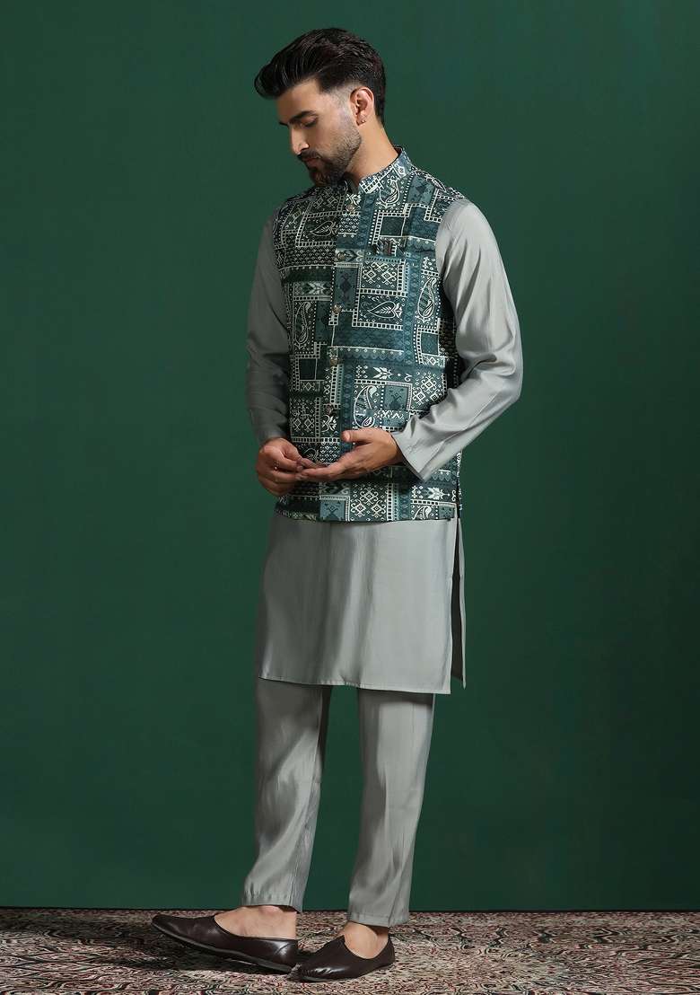Green Ethnic Motifis Cotton Blend Nehru Jacket For Men - Indya