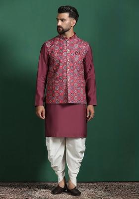 Red Floral Cotton Blend Nehru Jacket For Men
