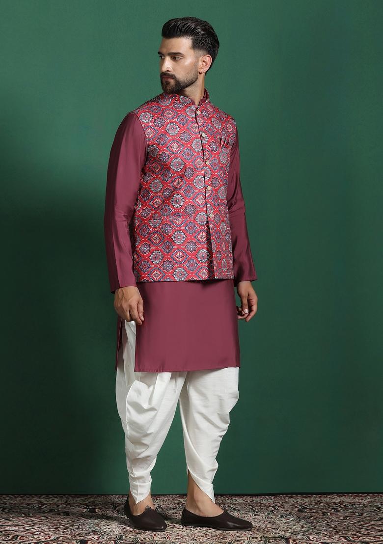 Red Floral Cotton Blend Nehru Jacket For Men
