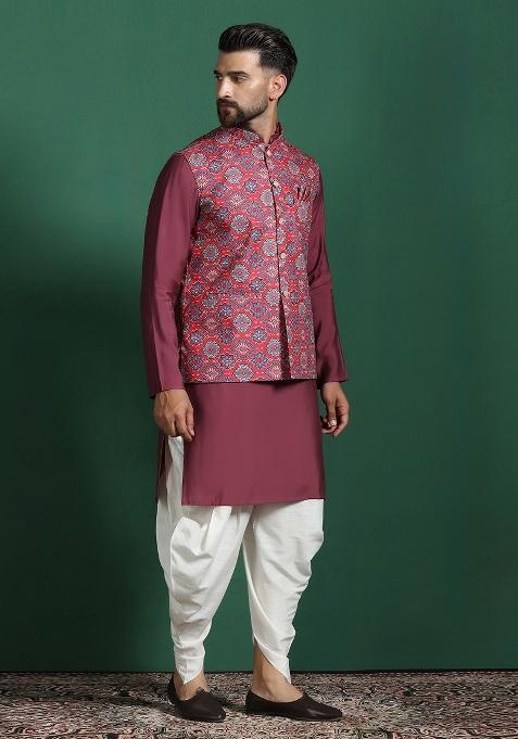 Red Floral Cotton Blend Nehru Jacket For Men