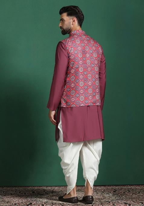 Red Floral Cotton Blend Nehru Jacket For Men