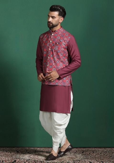 Red Floral Cotton Blend Nehru Jacket For Men