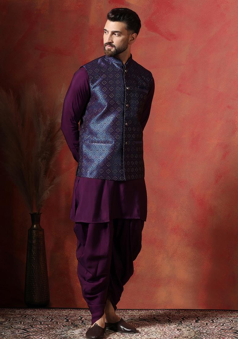 Navy Blue Embroidered Jacquard Nehru Jacket For Men - Indya