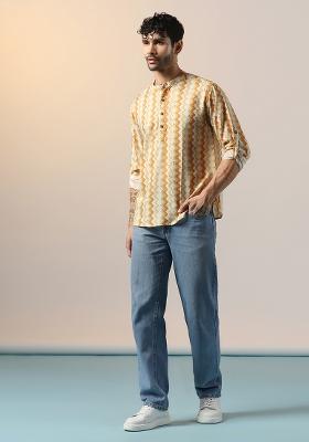 Yellow Printed Cotton Blend Short Kurta For Men