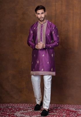 Purple Embroidered Silk Blend Kurta Pajama Set For Men