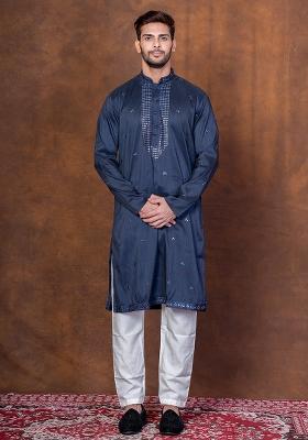 Navy Blue Embroidered Silk Blend Kurta Pajama Set For Men