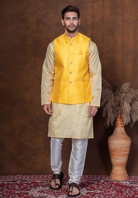 Yellow Solid Dupion Nehru Jacket For Men