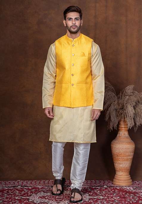 Yellow Solid Dupion Nehru Jacket For Men