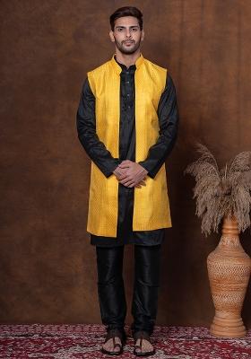 Black Solid Dupion Long Jacket For Men