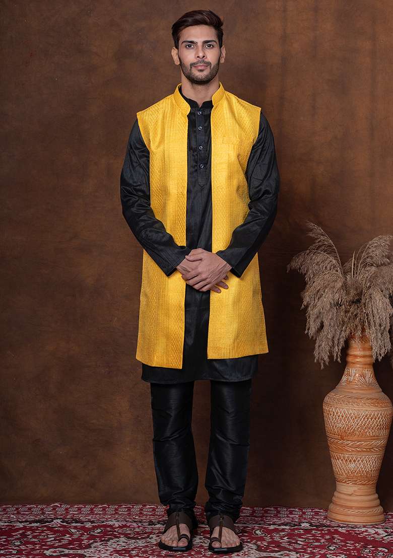 Black Solid Dupion Long Jacket For Men - Indya