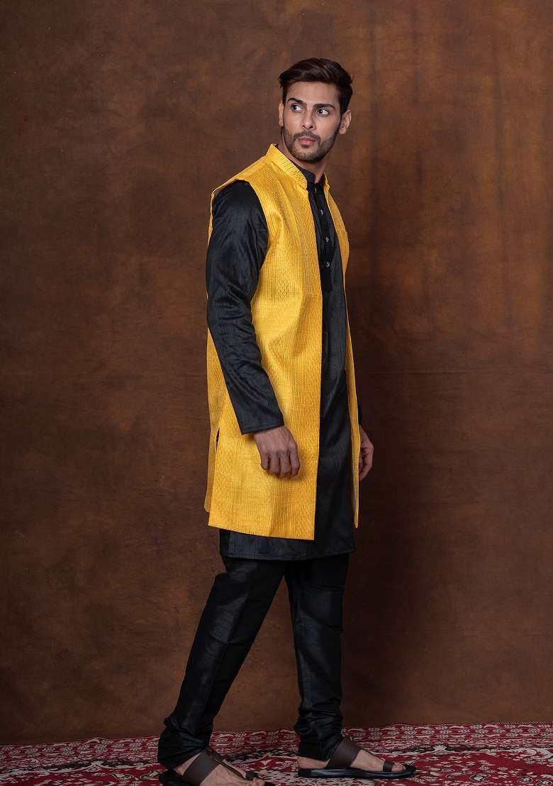 Black Solid Dupion Long Jacket For Men - Indya