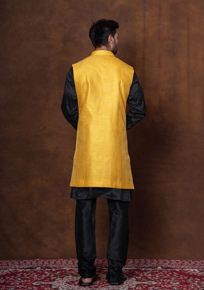 Black Solid Dupion Long Jacket For Men - Indya