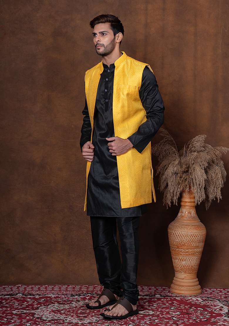Black Solid Dupion Long Jacket For Men - Indya