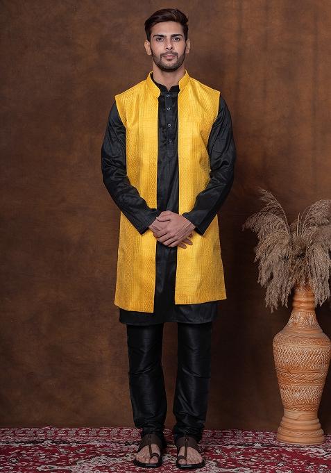 Black Solid Dupion Long Jacket For Men