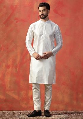 White Embroidered Bangalorian Silk Kurta Pajama Set For Men