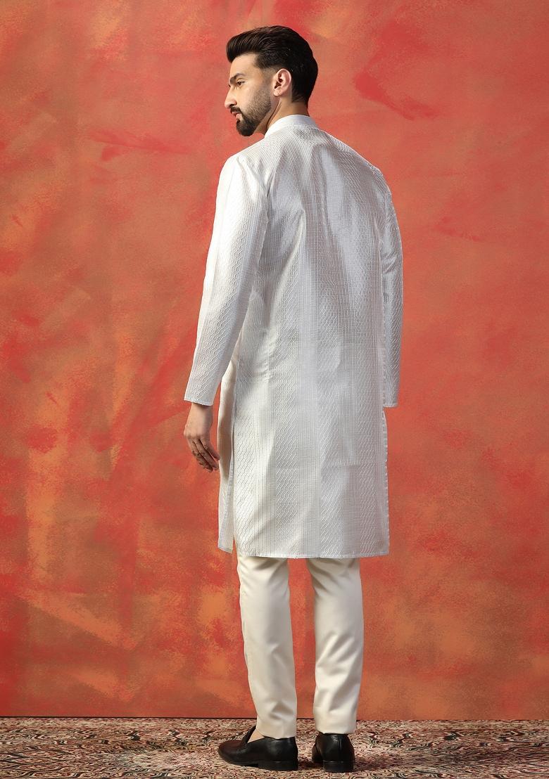 White Embroidered Bangalorian Silk Kurta Pajama Set For Men