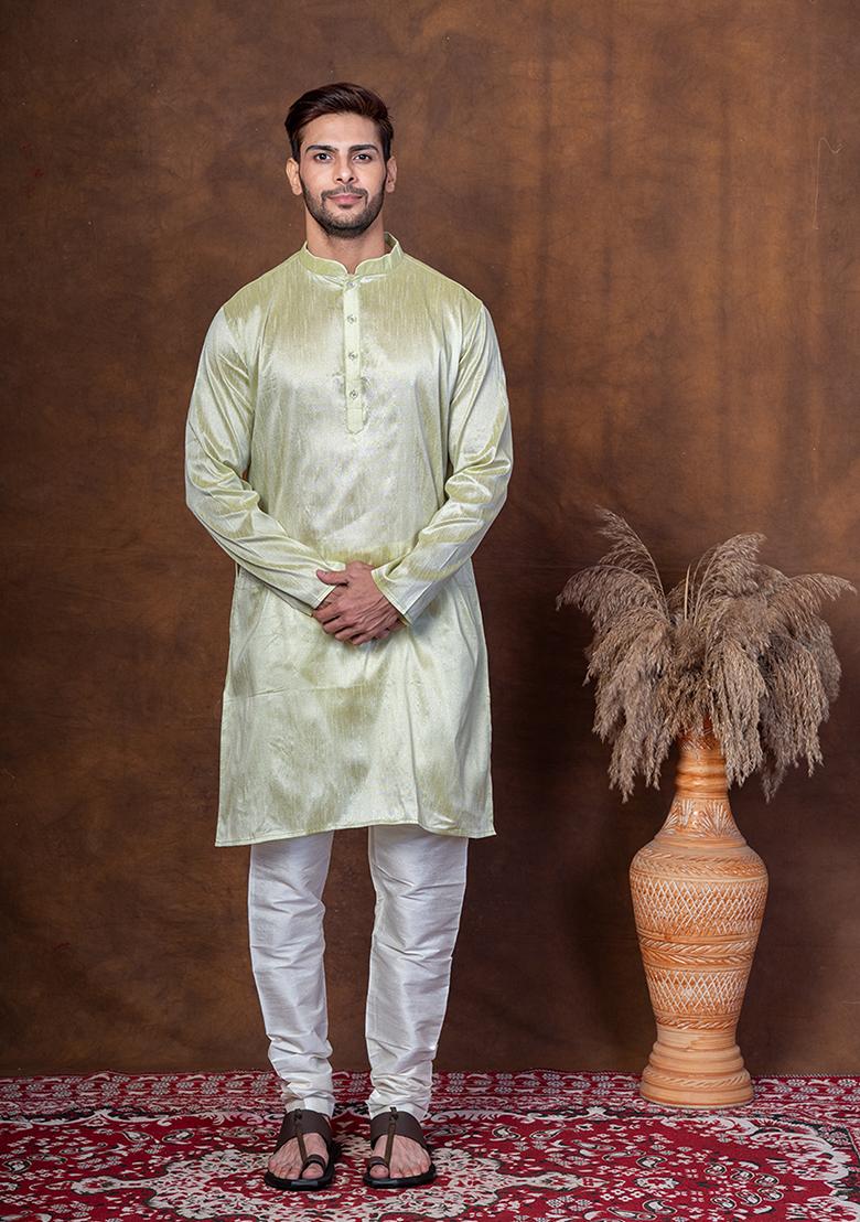 Green Solid Dupion Kurta Churidar Set For Men