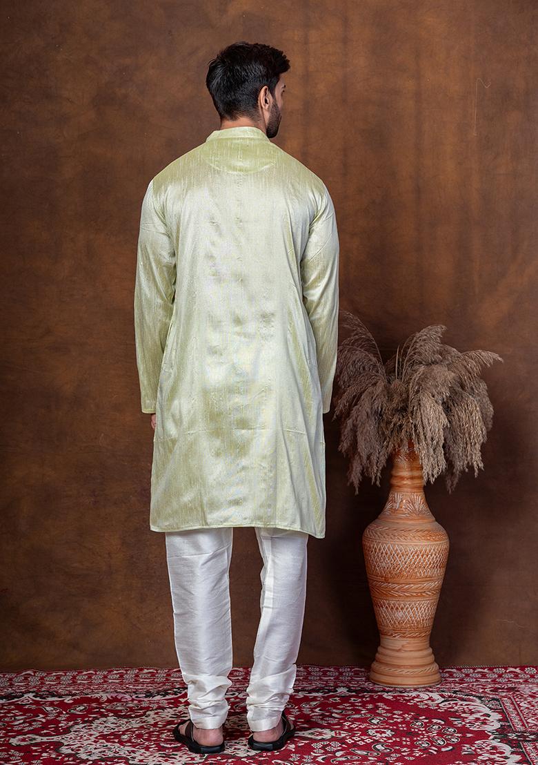 Green Solid Dupion Kurta Churidar Set For Men