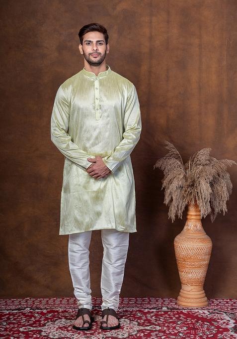 Green Solid Dupion Kurta Churidar Set For Men