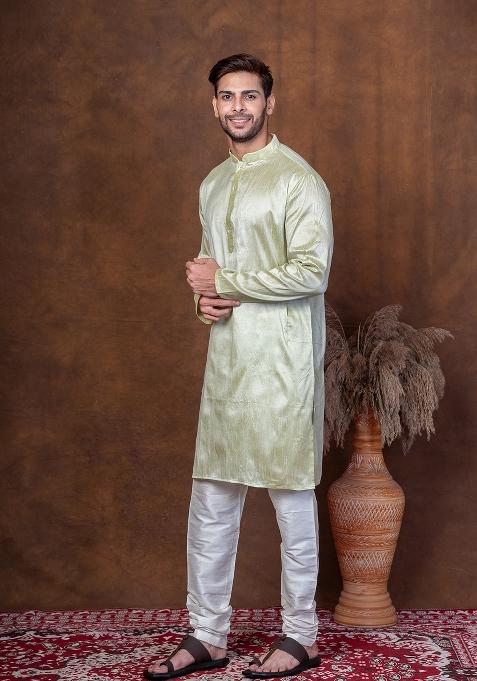 Green Solid Dupion Kurta Churidar Set For Men