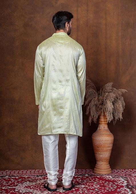 Green Solid Dupion Kurta Churidar Set For Men