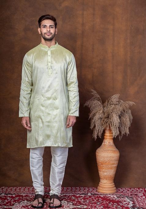 Green Solid Dupion Kurta Churidar Set For Men
